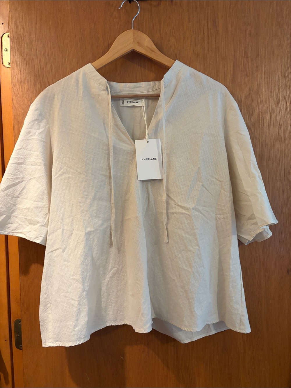 Everlane Cream Short-Sleeve Tie-Neck Blouse